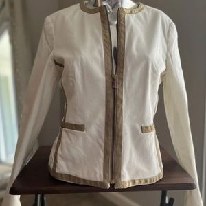 Michael Kors White Jean like Blazer Jacket Metallic Gold Leather Trim Size 8